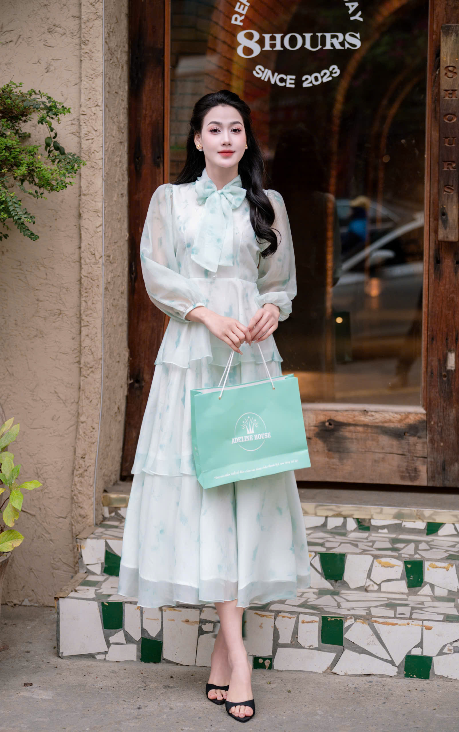 ADELINE HOUSE- Váy Voan 3 tầng nơ cổ Dew Blossom – ADELINE TK148.1 Xanh