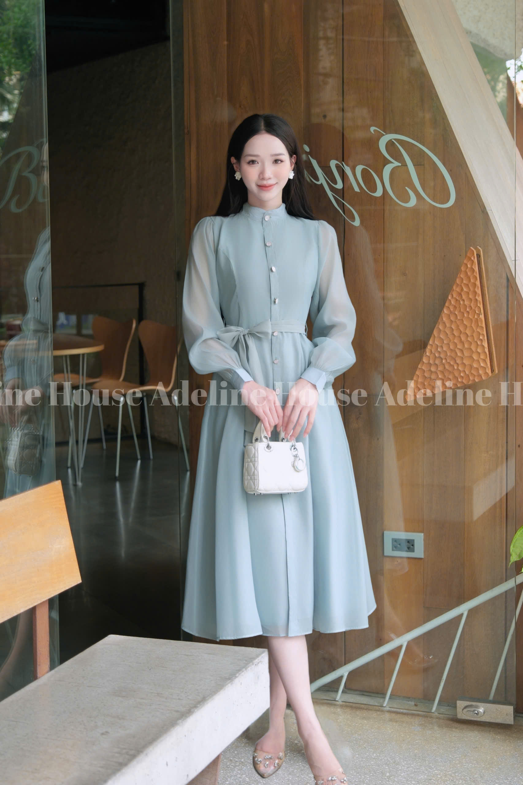 Adeline House - Váy sơ mi tơ organza tay dài thắt eo thanh lịch - TK50 Xanh Ngọc Pastel