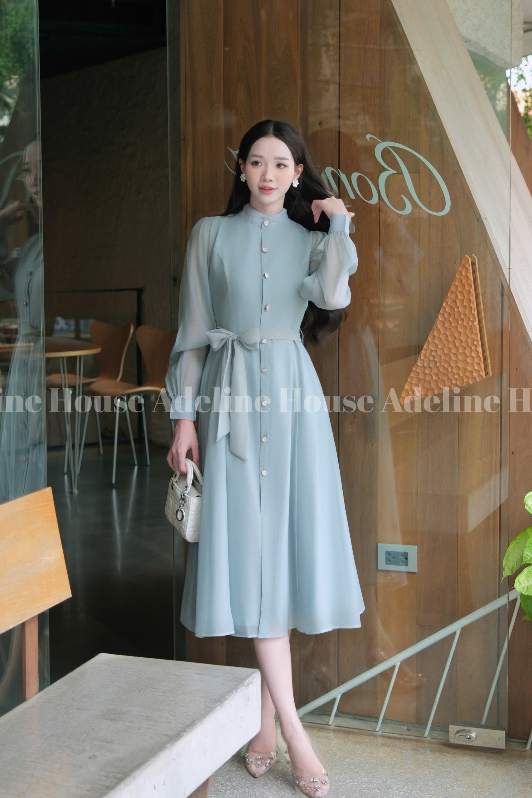 Adeline House - Váy sơ mi tơ organza tay dài thắt eo thanh lịch - TK50 Xanh Ngọc Pastel
