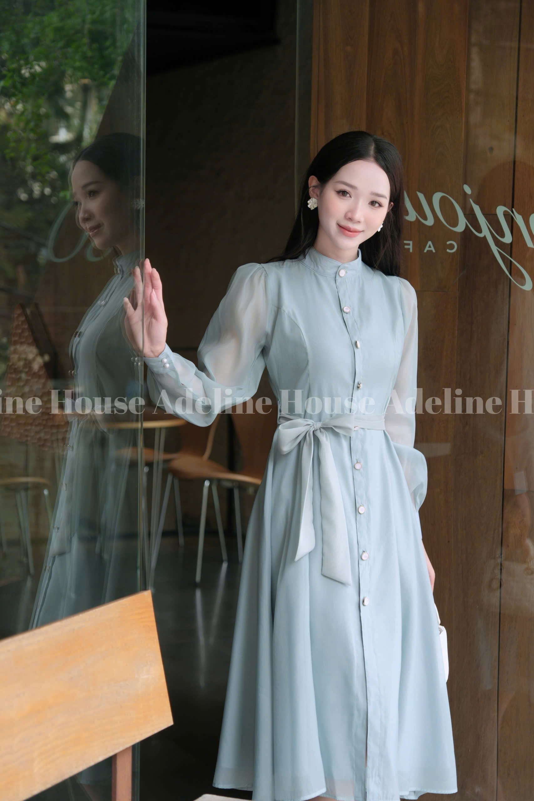 Adeline House - Váy sơ mi tơ organza tay dài thắt eo thanh lịch - TK50 Xanh Ngọc Pastel