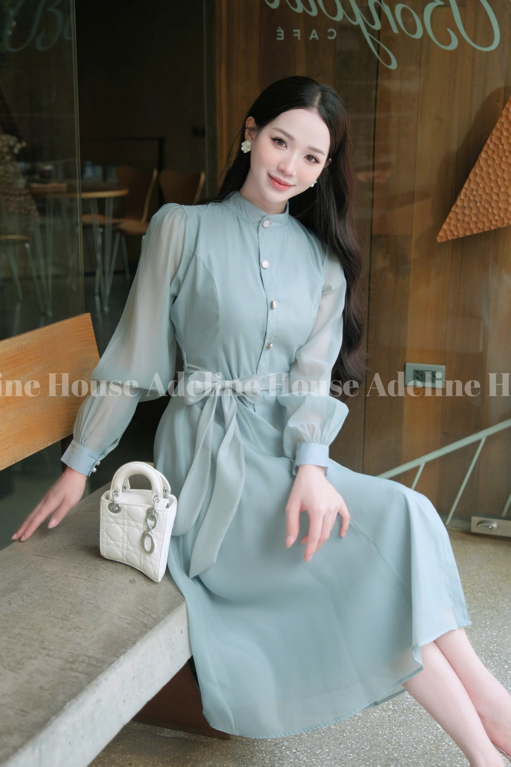 Adeline House - Váy sơ mi tơ organza tay dài thắt eo thanh lịch - TK50 Xanh Ngọc Pastel