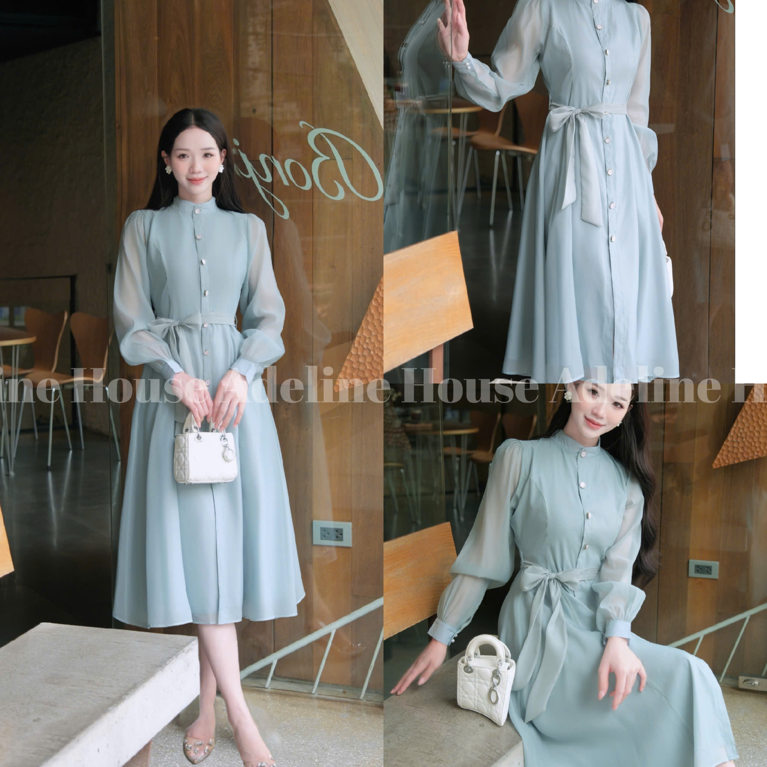 Adeline House - Váy sơ mi tơ organza tay dài thắt eo thanh lịch - TK50 Xanh Ngọc Pastel