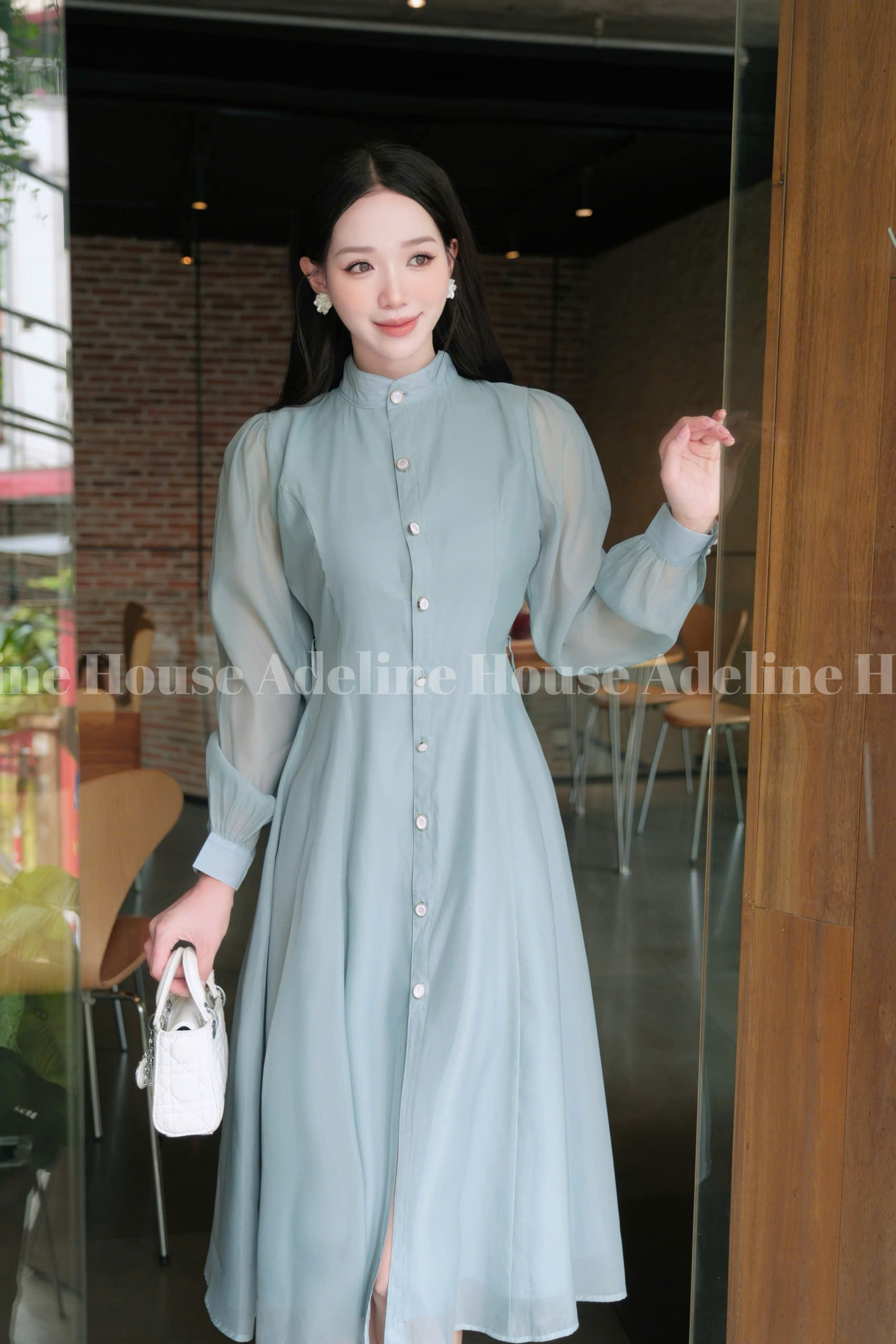 Adeline House - Váy sơ mi tơ organza tay dài thắt eo thanh lịch - TK50 Xanh Ngọc Pastel