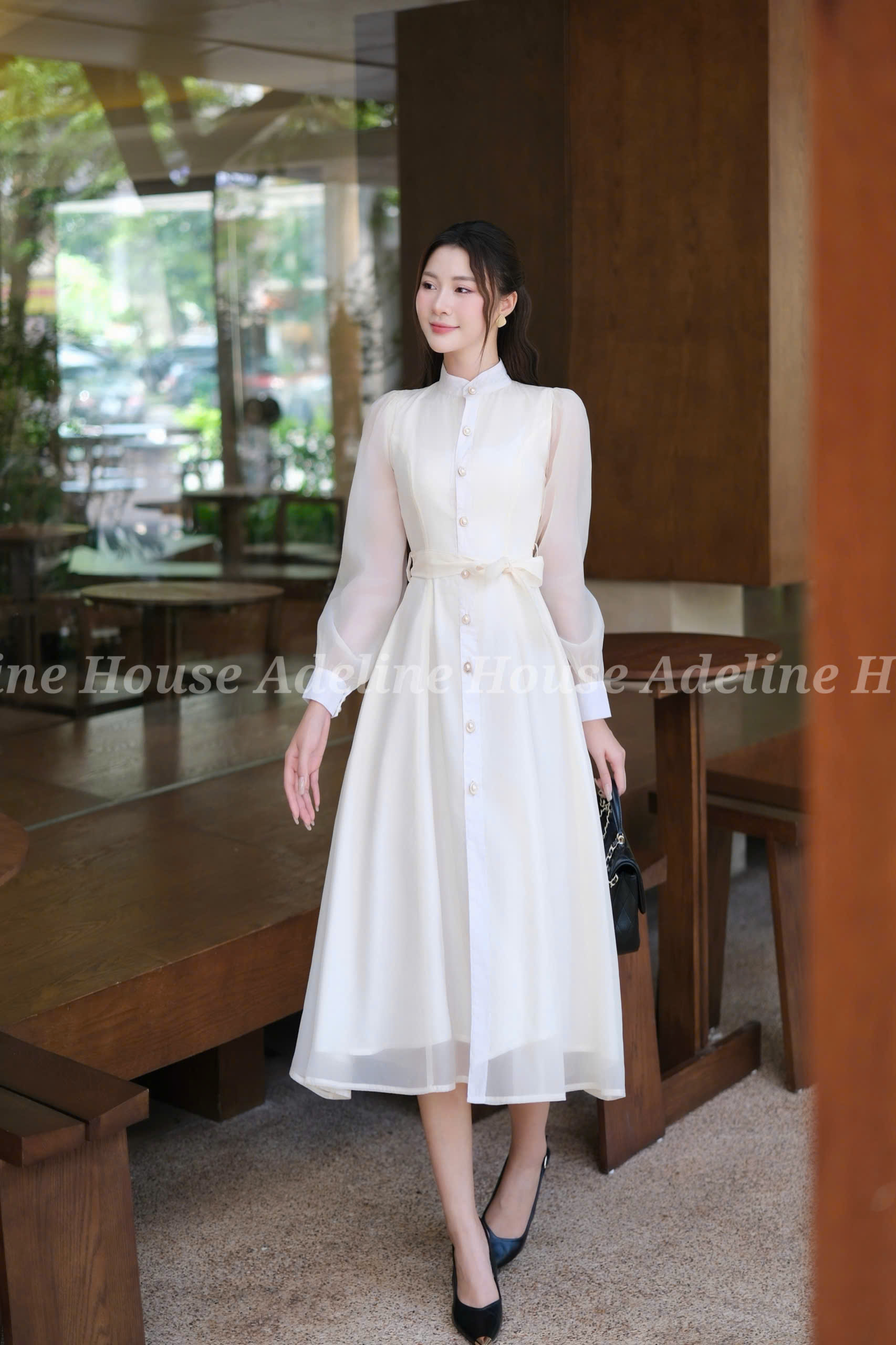 Adeline House - Váy sơ mi tơ organza tay dài thắt eo thanh lịch - TK50 Xanh Ngọc Pastel