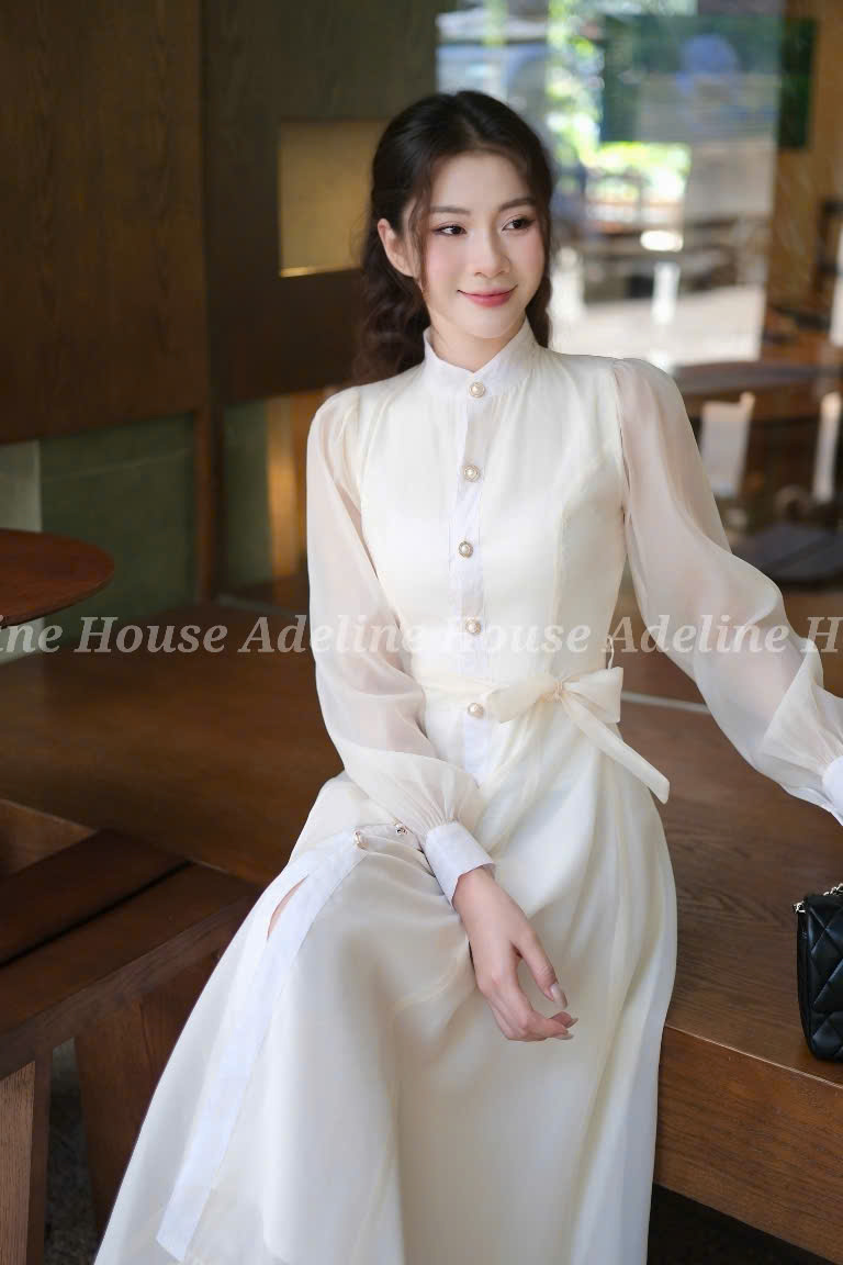 Adeline House - Váy sơ mi tơ organza tay dài thắt eo thanh lịch - TK50 Xanh Ngọc Pastel