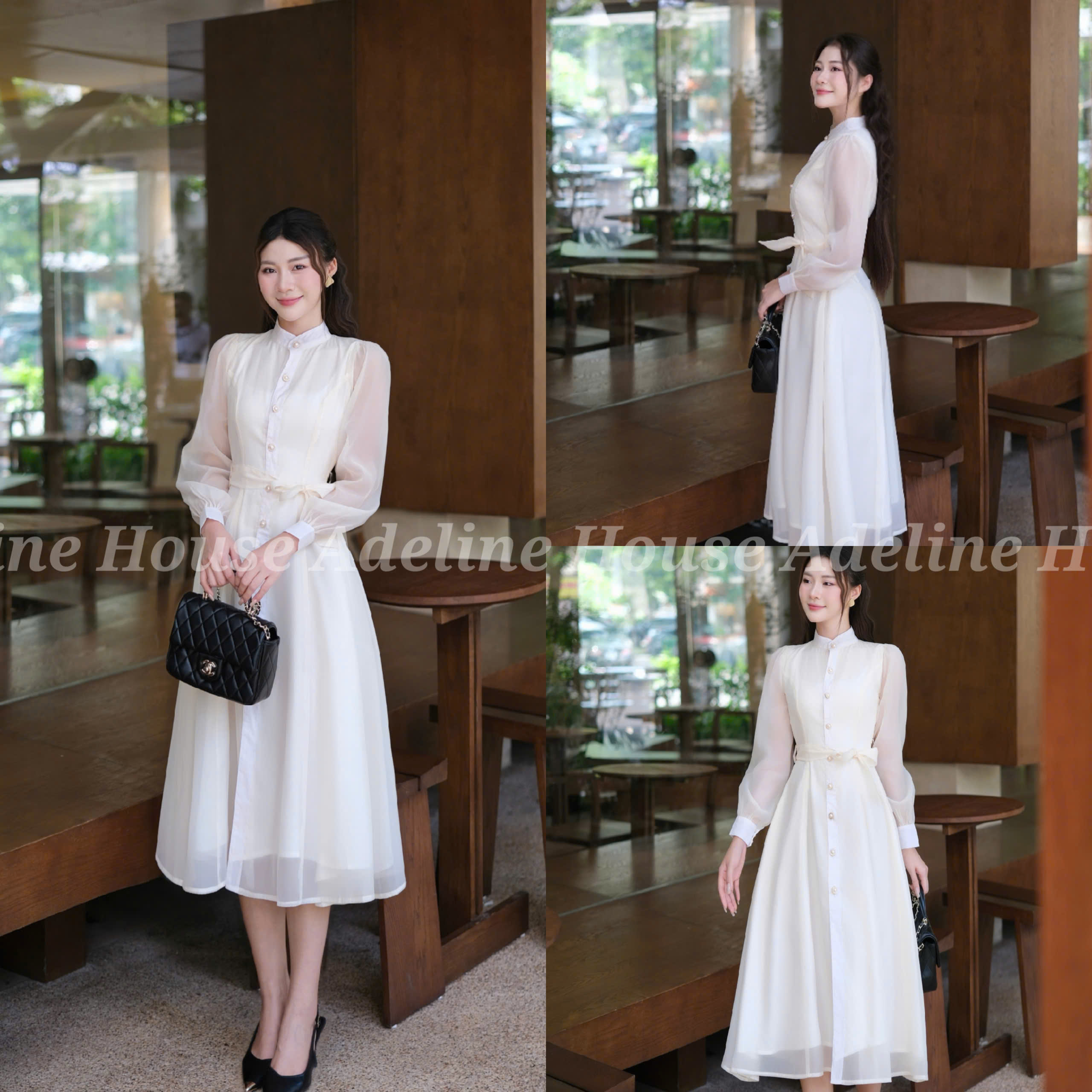 Adeline House - Váy sơ mi tơ organza tay dài thắt eo thanh lịch - TK50 Xanh Ngọc Pastel
