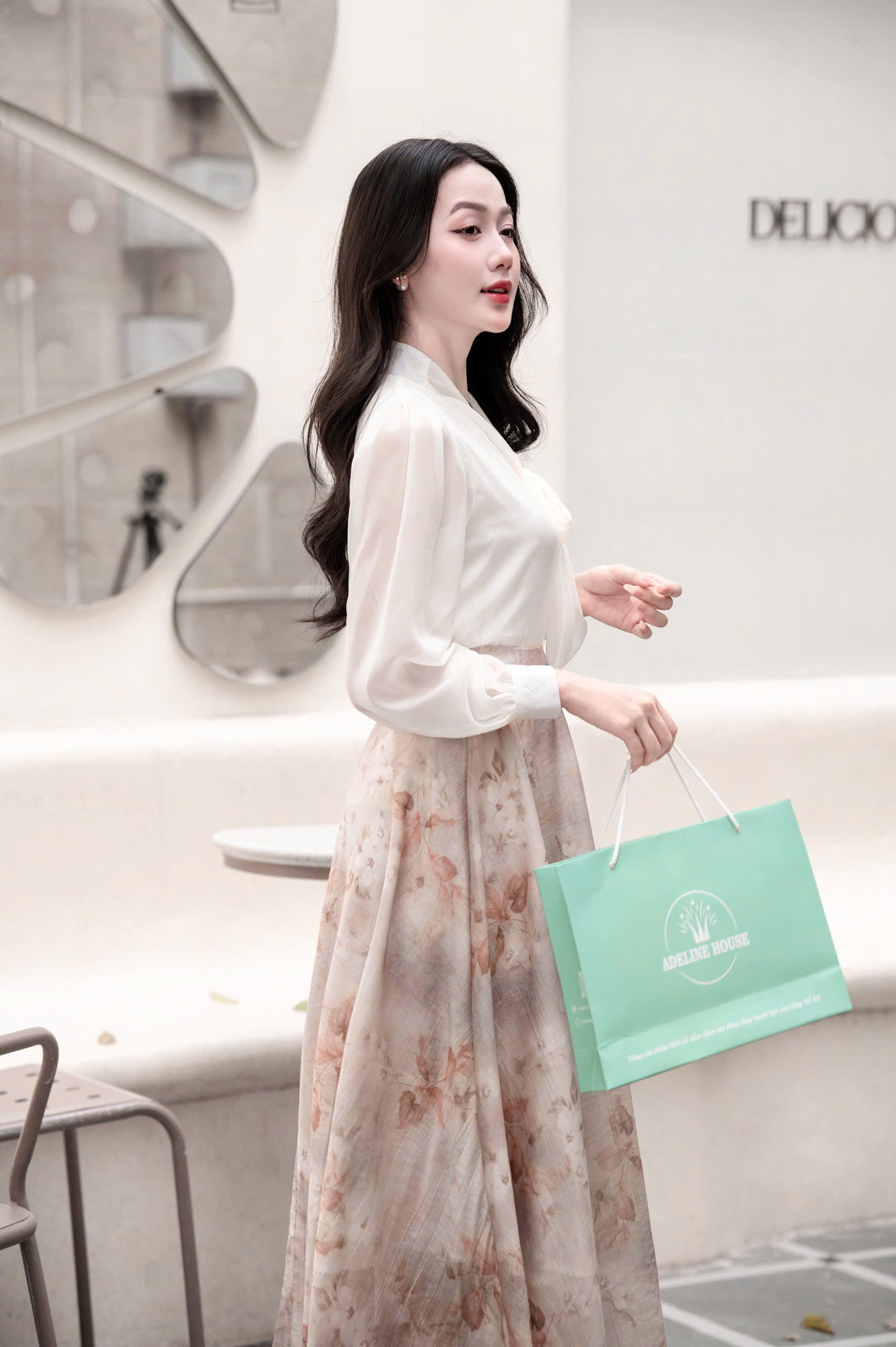 ADELINE HOUSE- Set Áo Nơ Voan + Chân Váy Hoa Lê Nâu Dáng Dài Thanh Lịch- TK155.3