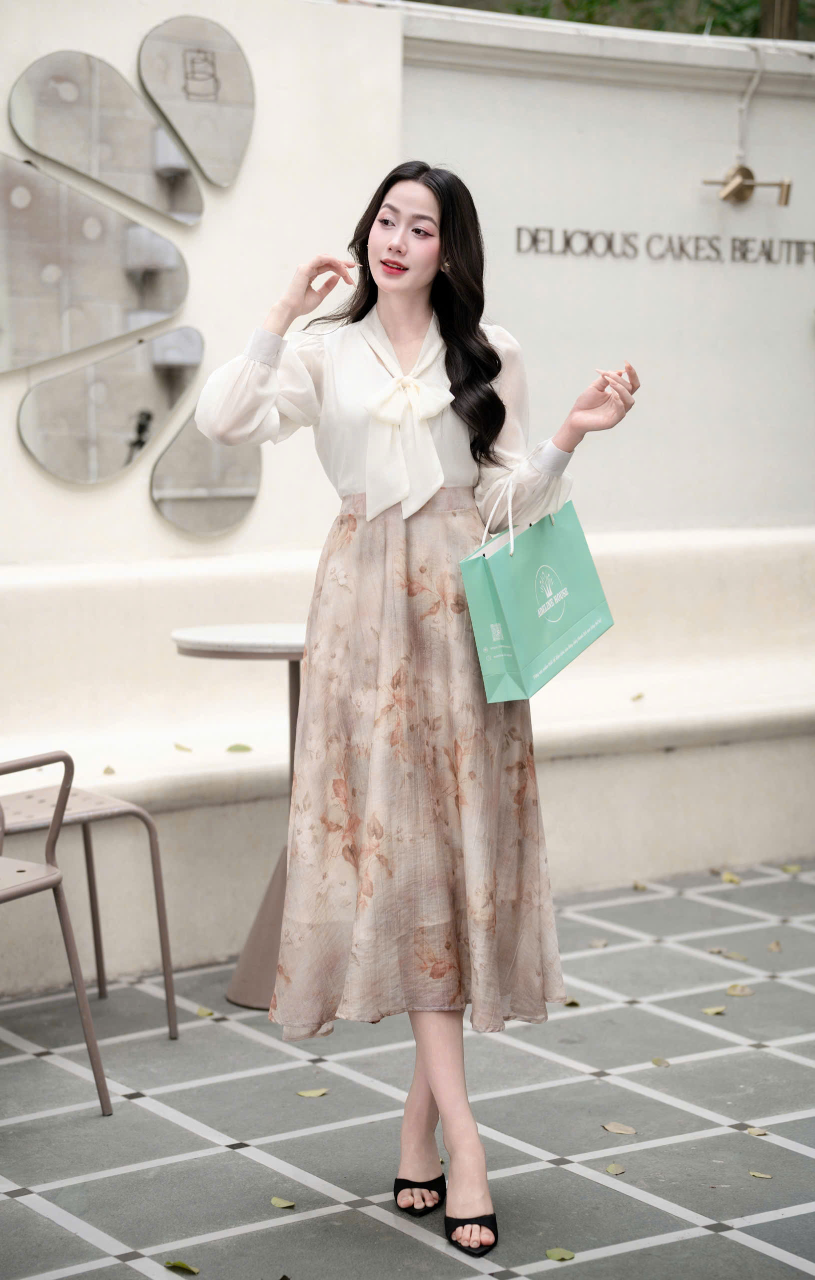 ADELINE HOUSE- Set Áo Nơ Voan + Chân Váy Hoa Lê Nâu Dáng Dài Thanh Lịch- TK155.3