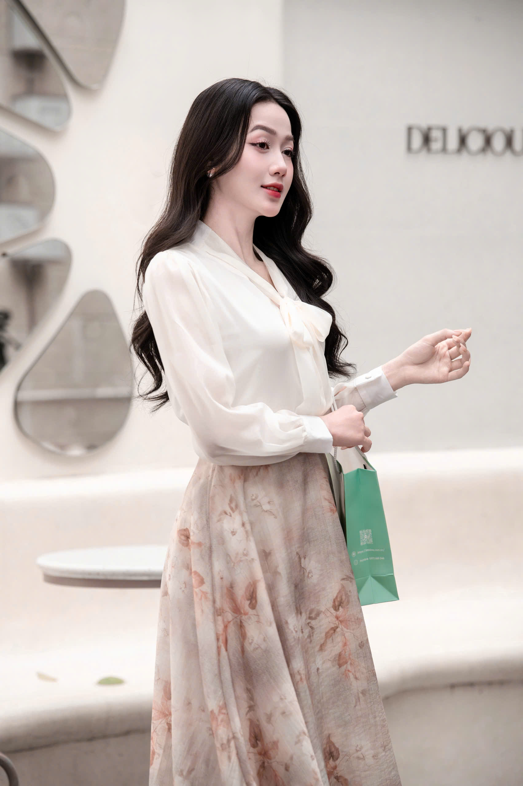 ADELINE HOUSE- Set Áo Nơ Voan + Chân Váy Hoa Lê Nâu Dáng Dài Thanh Lịch- TK155.3