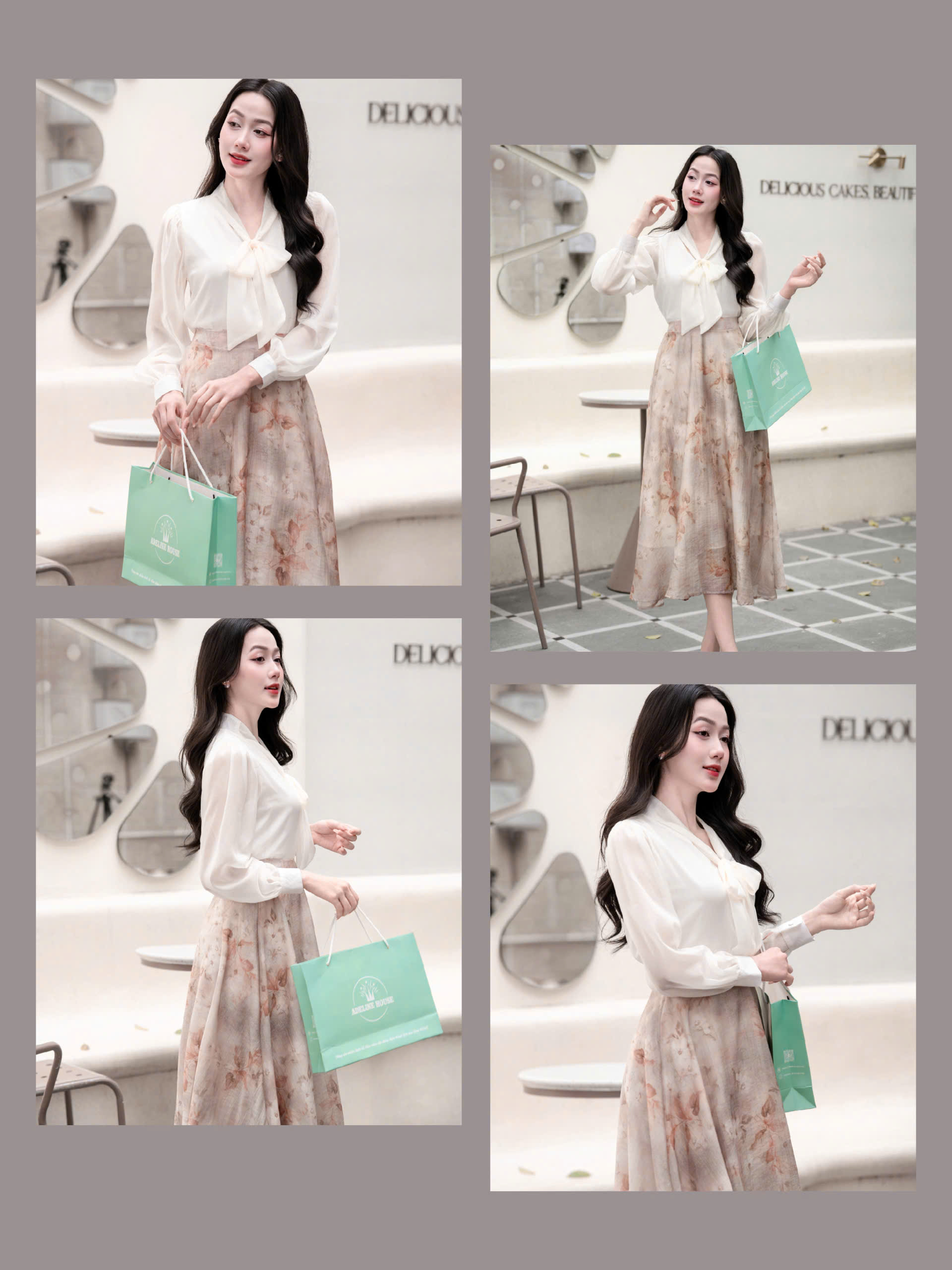 ADELINE HOUSE- Set Áo Nơ Voan + Chân Váy Hoa Lê Nâu Dáng Dài Thanh Lịch- TK155.3