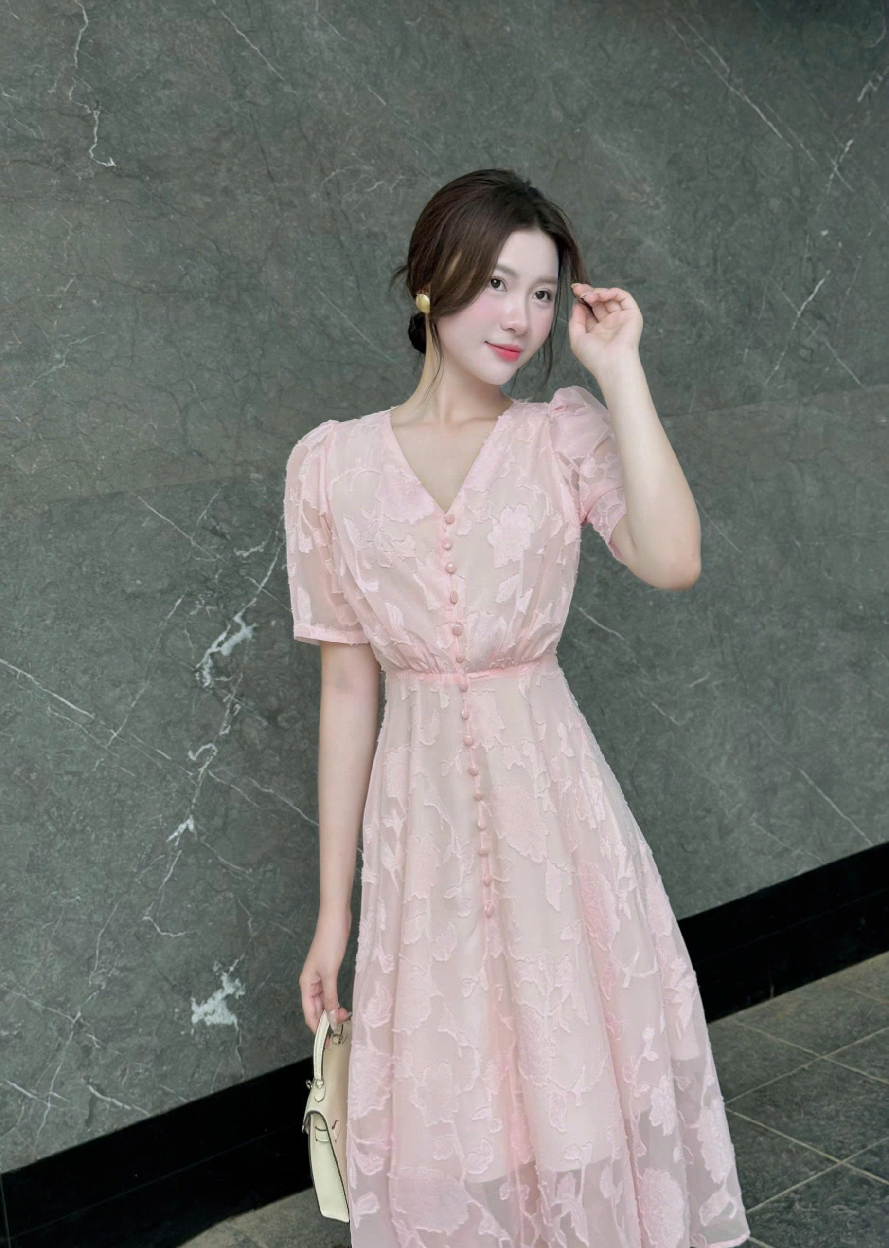 ADELINE HOUSE- Đầm Xòe Voan Hồng Tay Ngắn – Váy Nữ Cổ V Thanh Lịch Phong Cách Hàn Quốc Cao Cấp - TK02.2 SIZE S M L XL 2XL 3XL 4XL