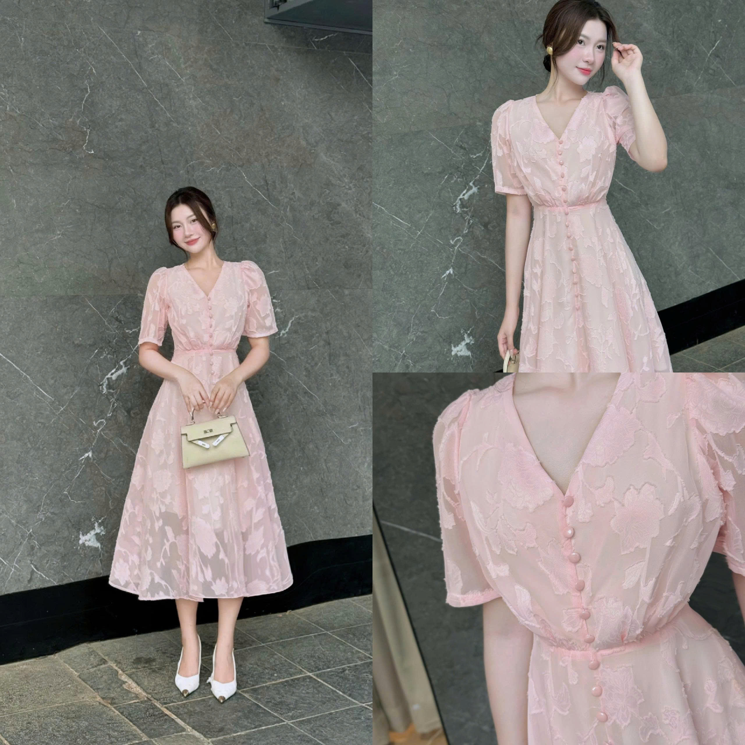 ADELINE HOUSE- Đầm Xòe Voan Hồng Tay Ngắn – Váy Nữ Cổ V Thanh Lịch Phong Cách Hàn Quốc Cao Cấp - TK02.2 SIZE S M L XL 2XL 3XL 4XL