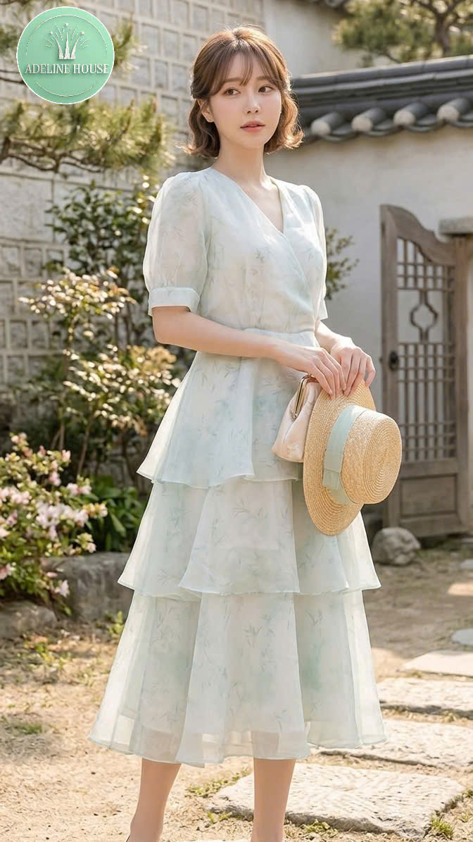 ADELINE HOUSE - VÁY HOA CỔ CHỮ V XANH LÁ THANH LỊCH – NHẸ NHÀNG TK114.1