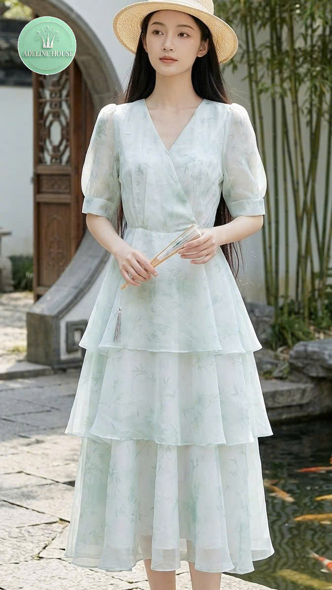 ADELINE HOUSE - VÁY HOA CỔ CHỮ V XANH LÁ THANH LỊCH – NHẸ NHÀNG TK114.1