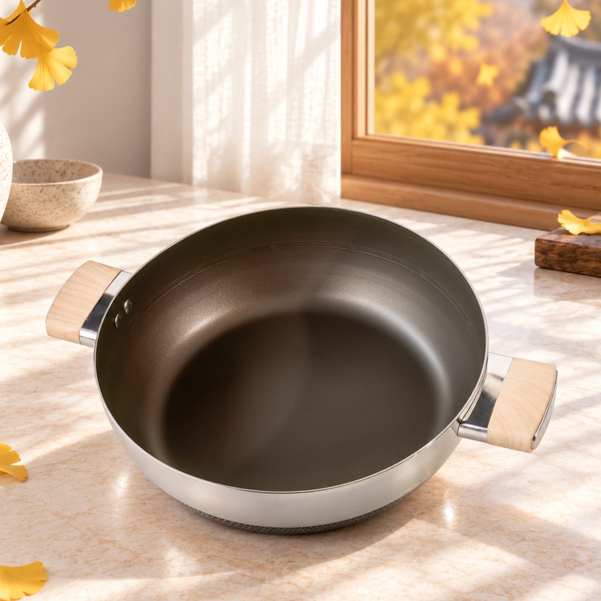 Lòng nồi lẩu HTA830 rộng, phủ titanium sinh học màu đồng