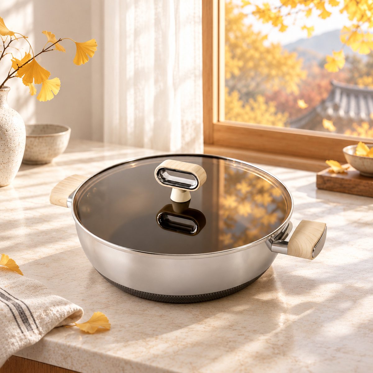 Nồi lẩu HTA830 với vung kính cường lực mặt hổ phách phản chiếu lá vàng mùa thu