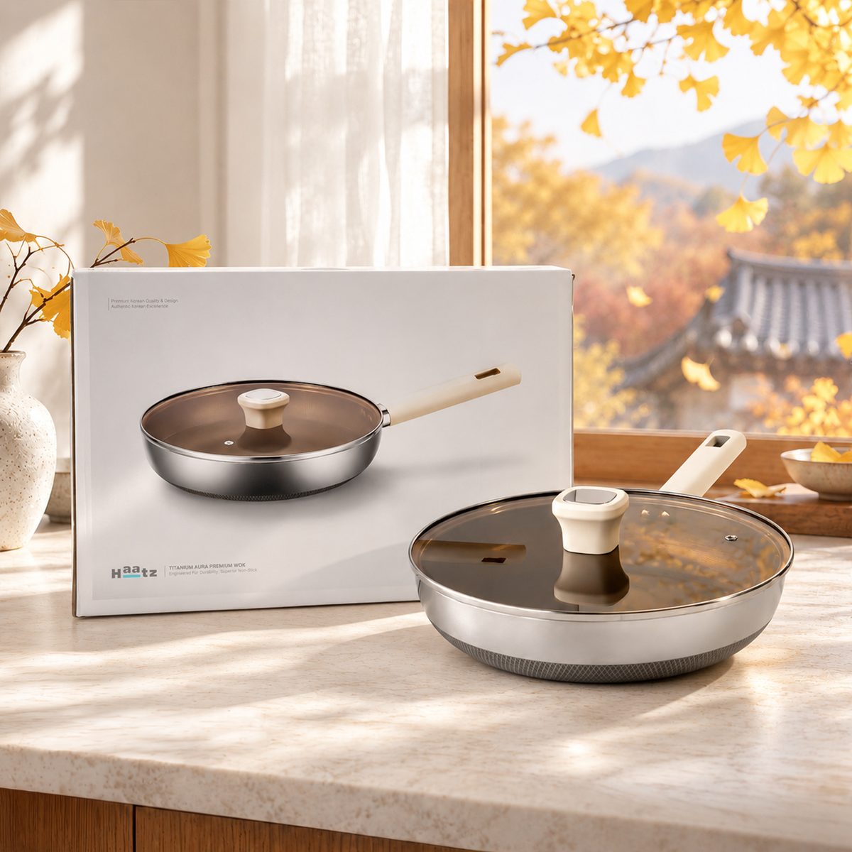 Chảo xào HTA928 và hộp Titanium Aura Premium Wok