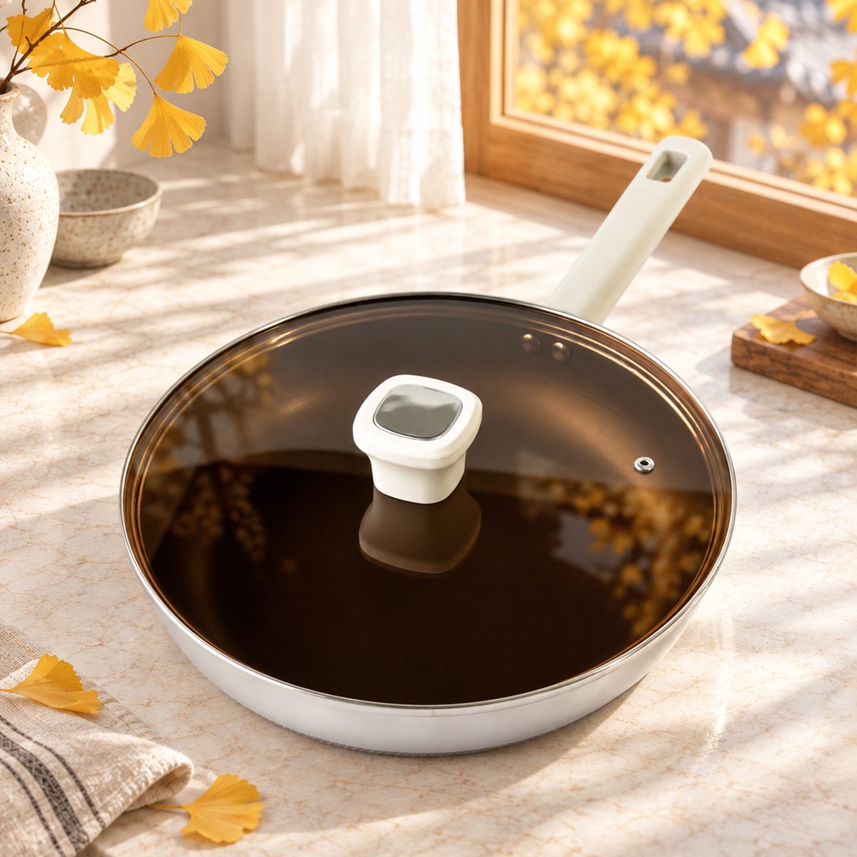 Chảo xào HTA928 nhìn từ trên, lòng rộng 28cm và cán cầm màu kem