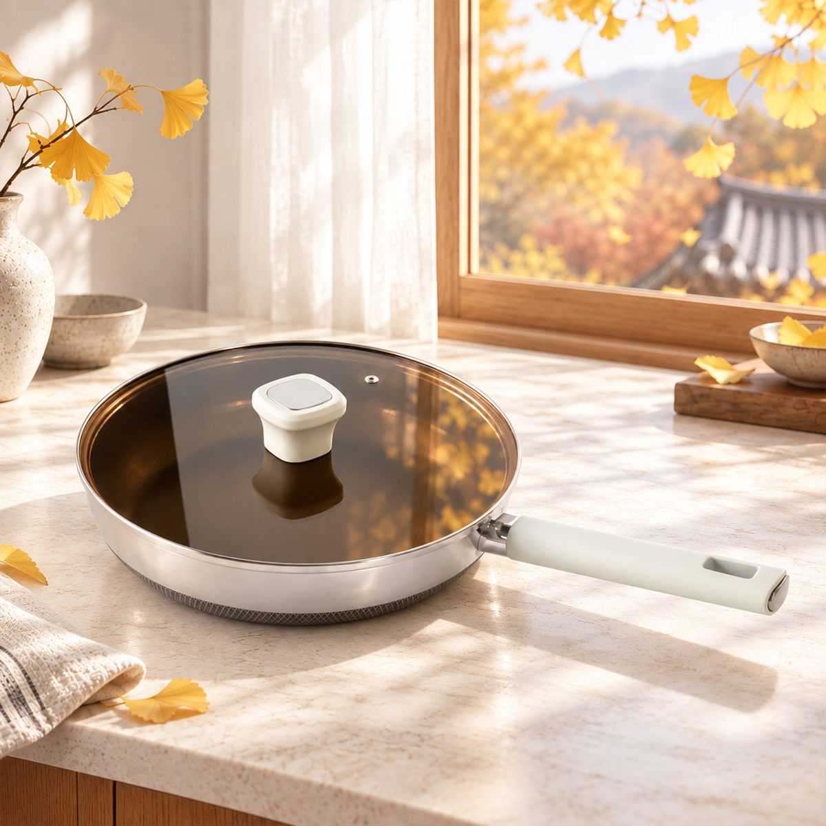 Vung kính hổ phách của chảo xào HTA928 phản chiếu lá bạch quả