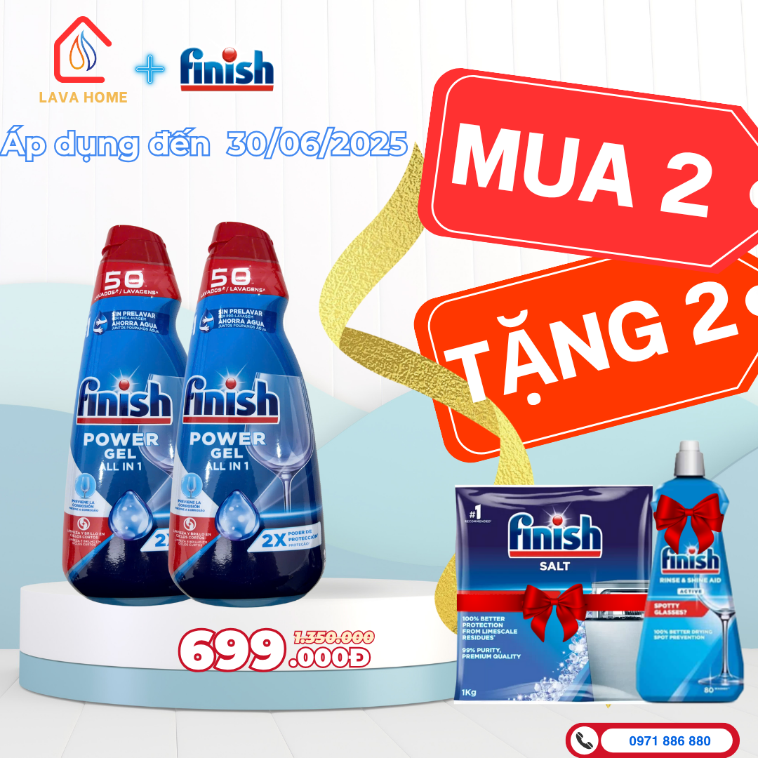 Combo Mua 2 Tặng 2: Mua Finish Power Gel All In 1 1 Lít (Mua 2 Chai)+ Tặng 1 Chai Nước Làm Bóng Finish 400ml & 1 Muối Finish Slat 1Kg