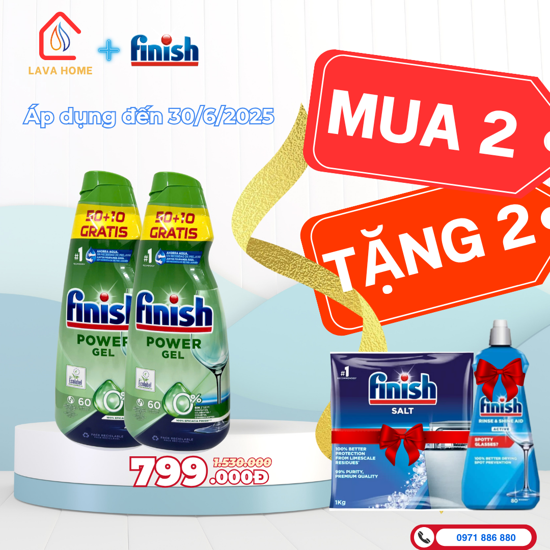 Combo Mua 2 Tặng 2: Mua Finish Power Gel 0% 900 ml (Mua 2 Chai)+ Tặng 1 Chai Nước Làm Bóng Finish 400ml & 1 Muối Finish Slat 1Kg