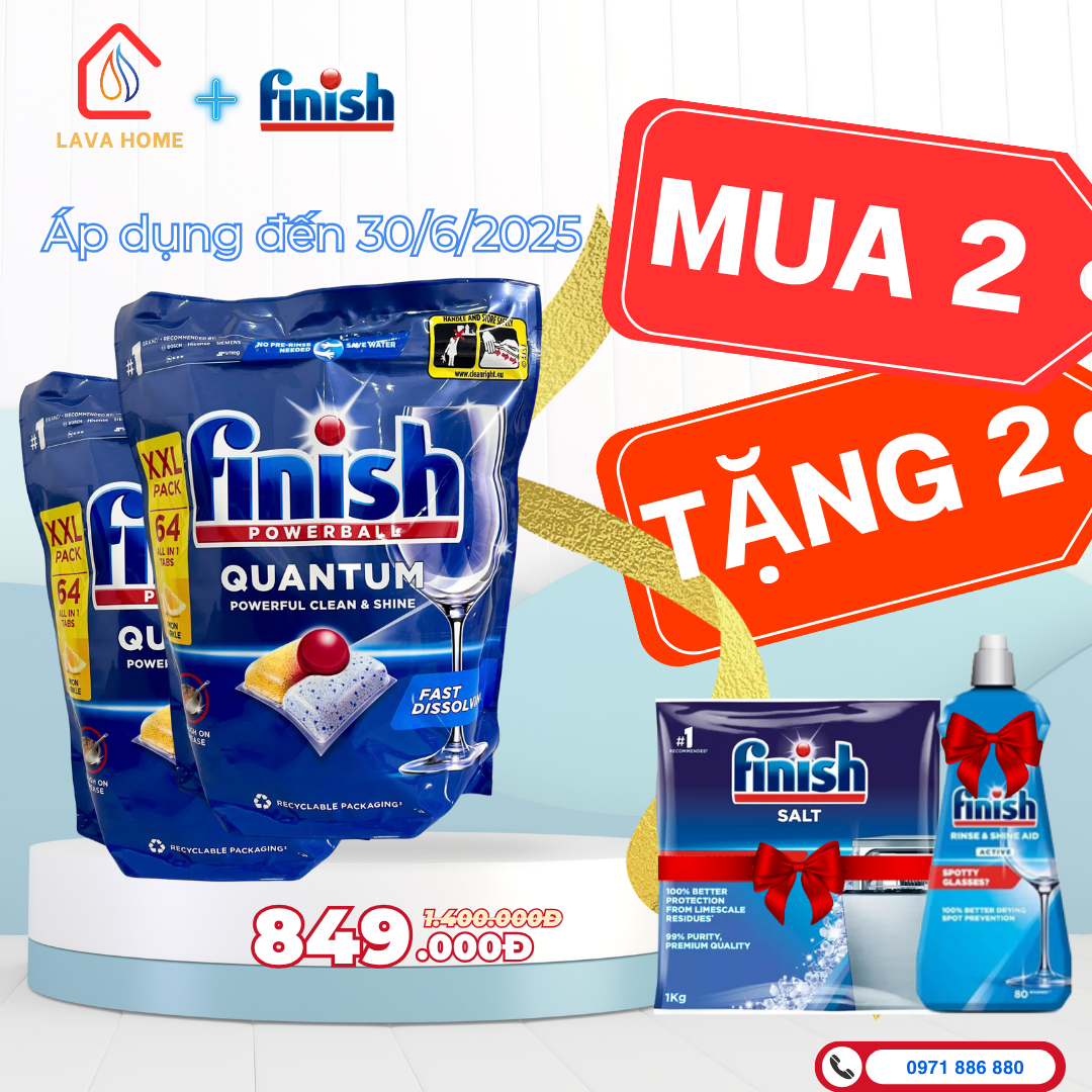 Combo Mua 2 Tặng 2: Mua Finish Powerball Quantum All In 1 64 Viên (Mua 2 Túi)+ Tặng 1 Chai Nước Làm Bóng Finish 400ml & 1 Muối Finish Slat 1Kg