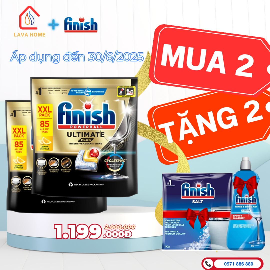 Combo Mua 2 Tặng 2: Mua Finish Powerball ULtimate All In 1 Plus 85 Viên (Mua 2 Túi)+ Tặng 1 Chai Nước Làm Bóng Finish 400ml & 1 Muối Finish Slat 1Kg