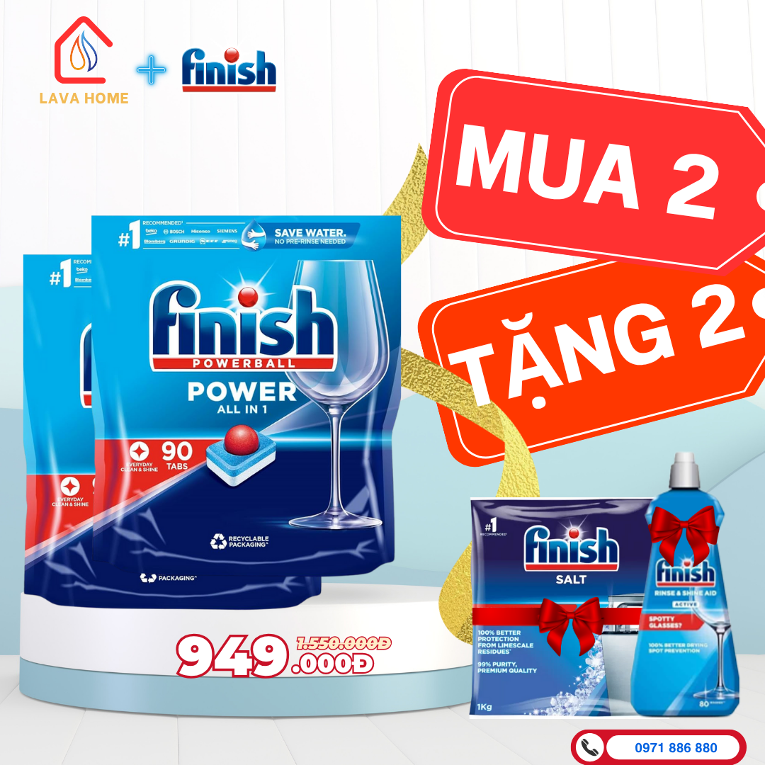 Combo Mua 2 Tặng 2: Mua Finish Powerball All In 1 90 Viên (Mua 2 Túi)+ Tặng 1 Chai Nước Làm Bóng Finish 400ml & 1 Muối Finish Slat 1Kg