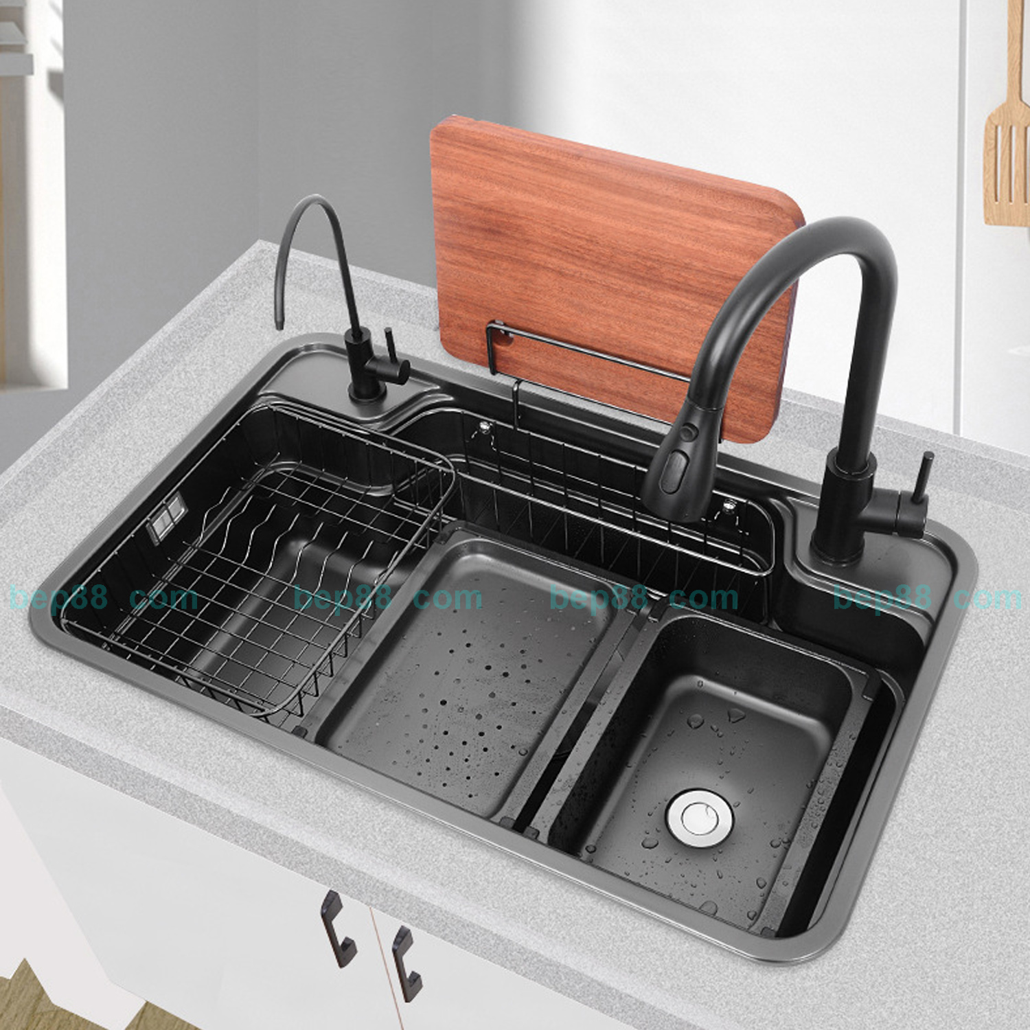 Chậu rửa bát 1 hố bán nguyệt cài thớt nano đen inox 304