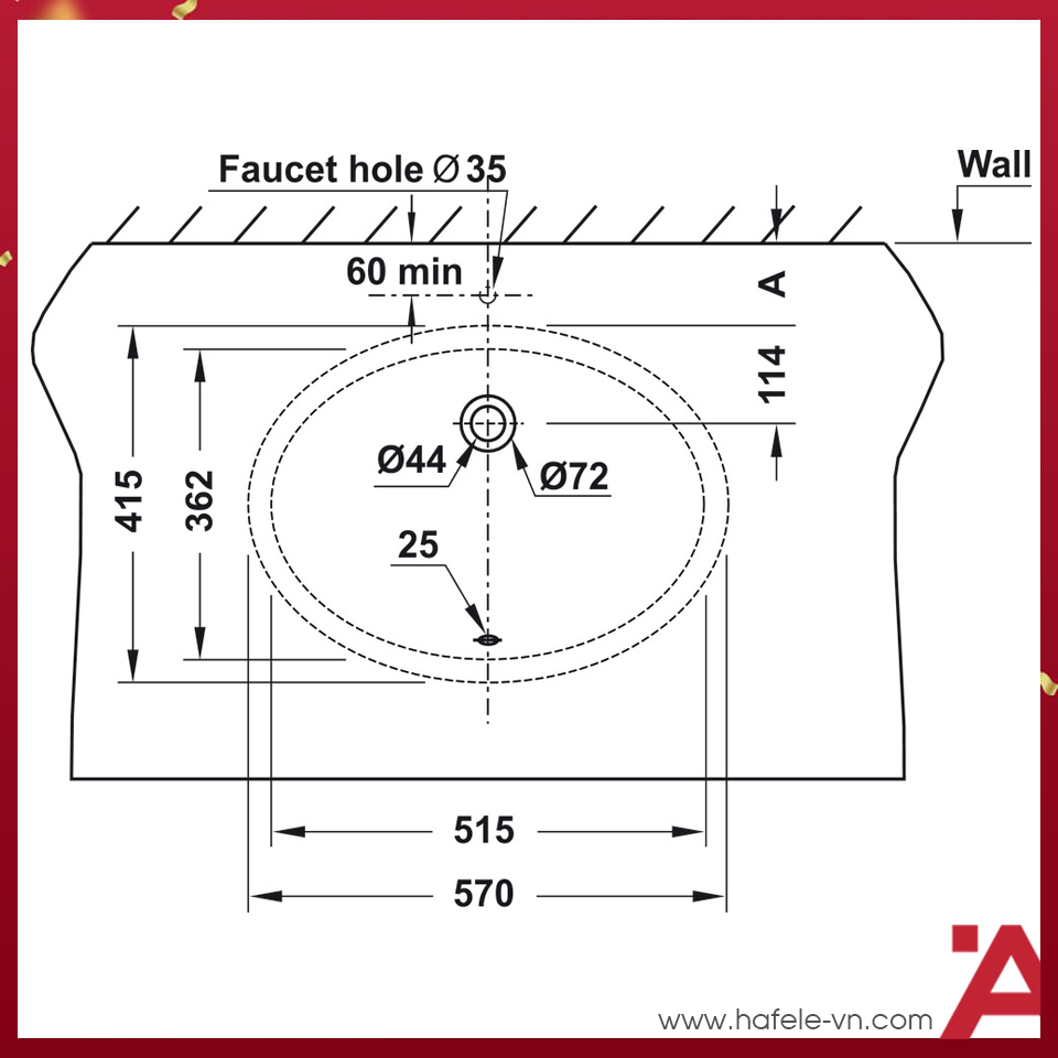 CHẬU SỨ ÂM BÀN SAPPORO Hafele 570X415X205 588.79.015