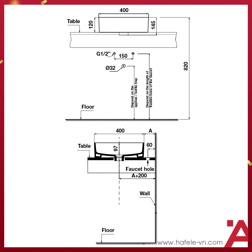 CHẬU SỨ ĐẶT BÀN VIGOR Hafele 400X145  588.79.060