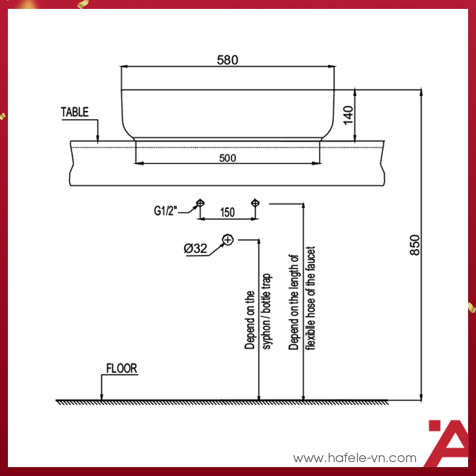 CHẬU ĐẶT BÀN VIGOR Hafele 580X380X140 588.79.077