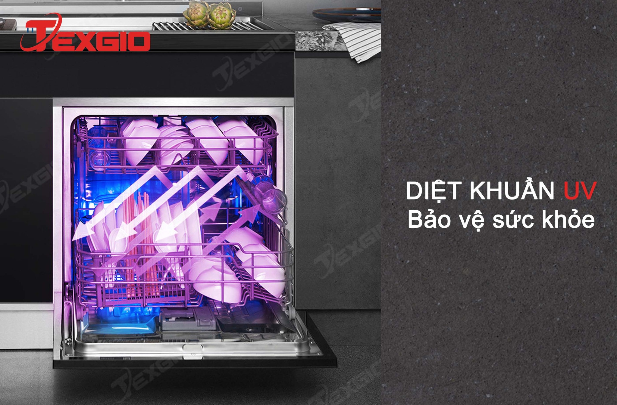Máy rửa bát Texgio Dishwasher TGUMF11S - 11 Bộ Đa Năng Tích Hợp Rửa Sóng Siêu Âm, Sấy Khí Nóng, UV