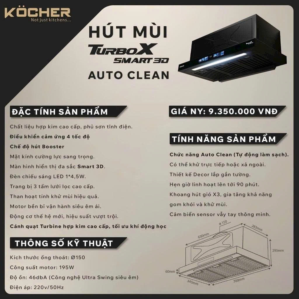 Máy hút mùi Kocher Turbo Smart 3D X3D-350D Auto Clean