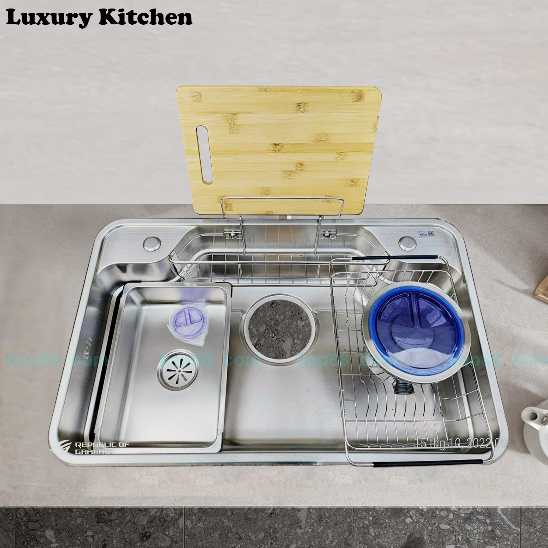 Chậu rửa bát 1 hố bán nguyệt cài thớt inox 304
