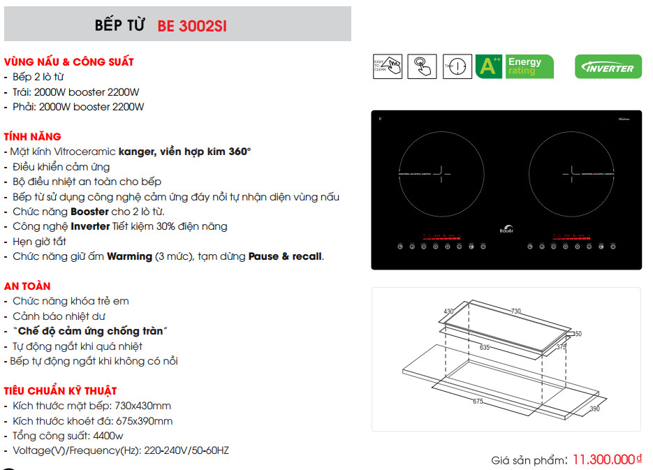 Bếp từ đôi Bauer 3002SI | Bo viền | Sôi liu diu | Tặng bộ nồi 4 món