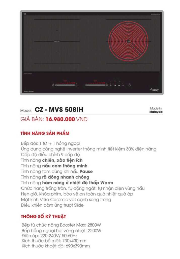 Bếp điện từ Canzy CZ MVS 508ih | 5800w | 1 từ 1 hồng ngoại
