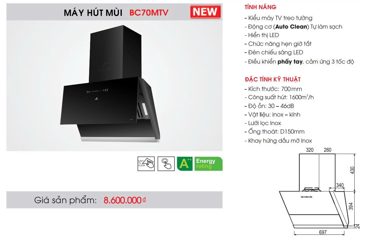 Máy hút mùi Bauer BC 70MTV | Kính vát | Tự động làm sạch | 1600m/h