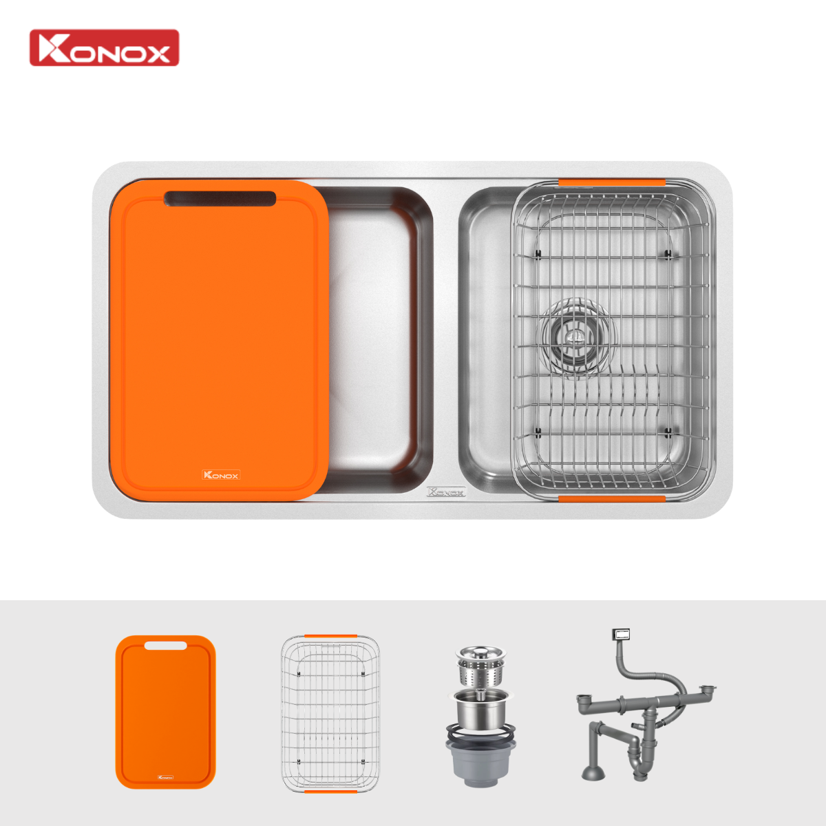 Chậu rửa bát Konox lắp âm 2 hố lệch R50 Tari 8246DU