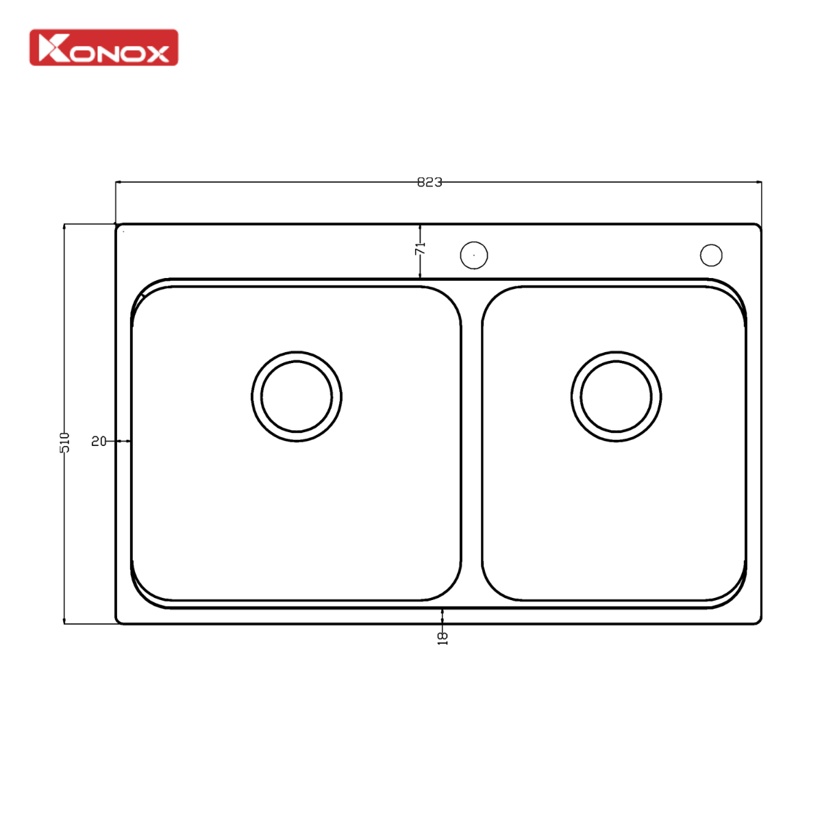 Chậu rửa bát Konox 2 hố lệch R50 Tari 8251TD