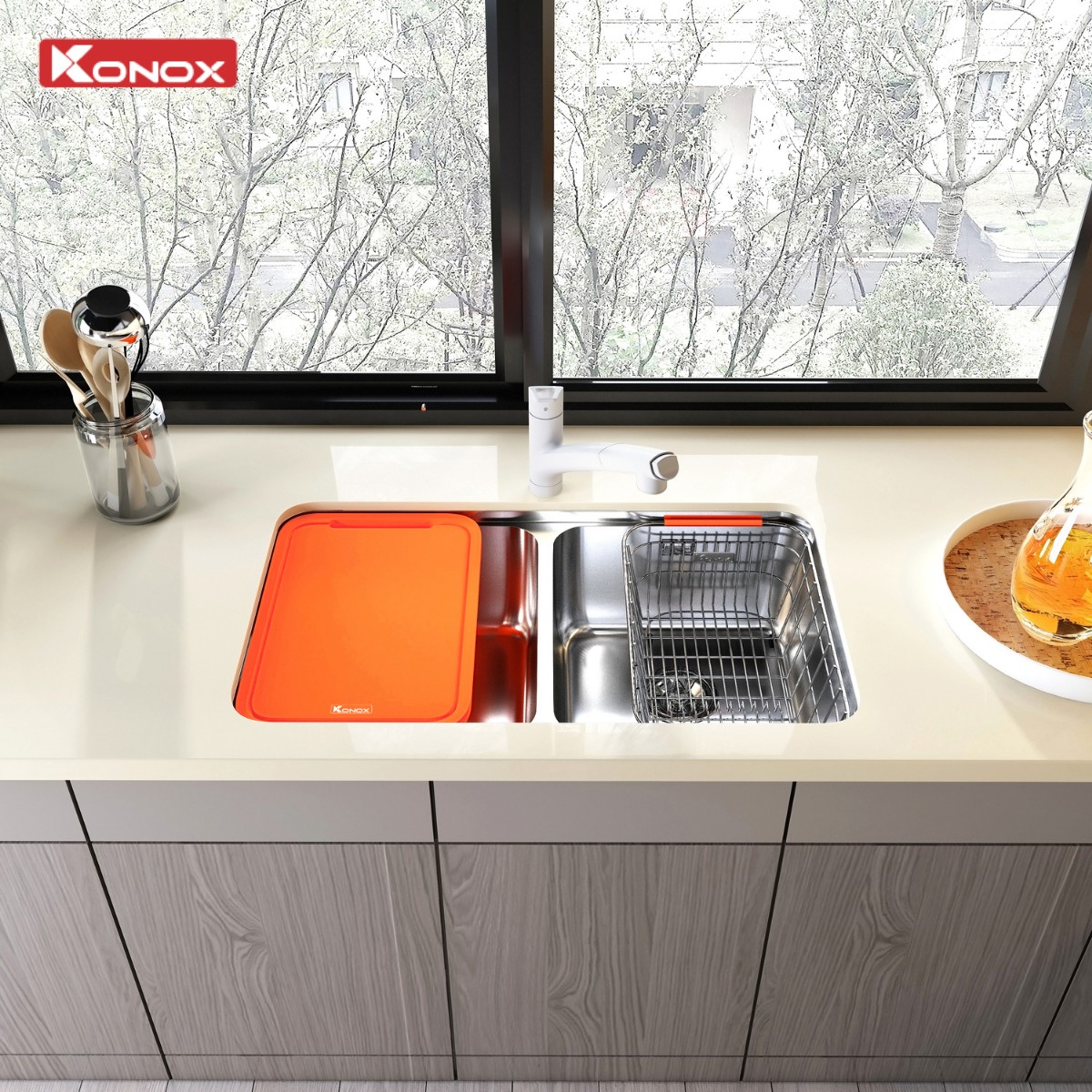 Chậu rửa bát Konox lắp âm 2 hố cân R50 Tari 7846DU