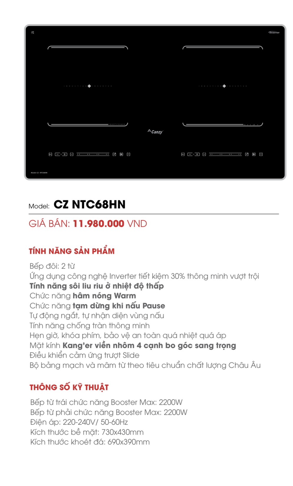 Bếp từ đôi CANZY NTC68HN | Sôi liu diu | Bo viền