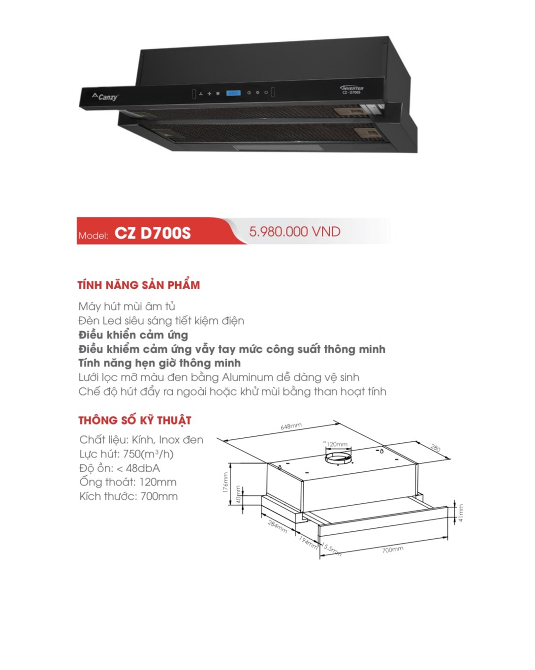 Máy hút mùi canzy D700S | Cảm ứng vẫy tay | Có inventer | Thế hệ mới