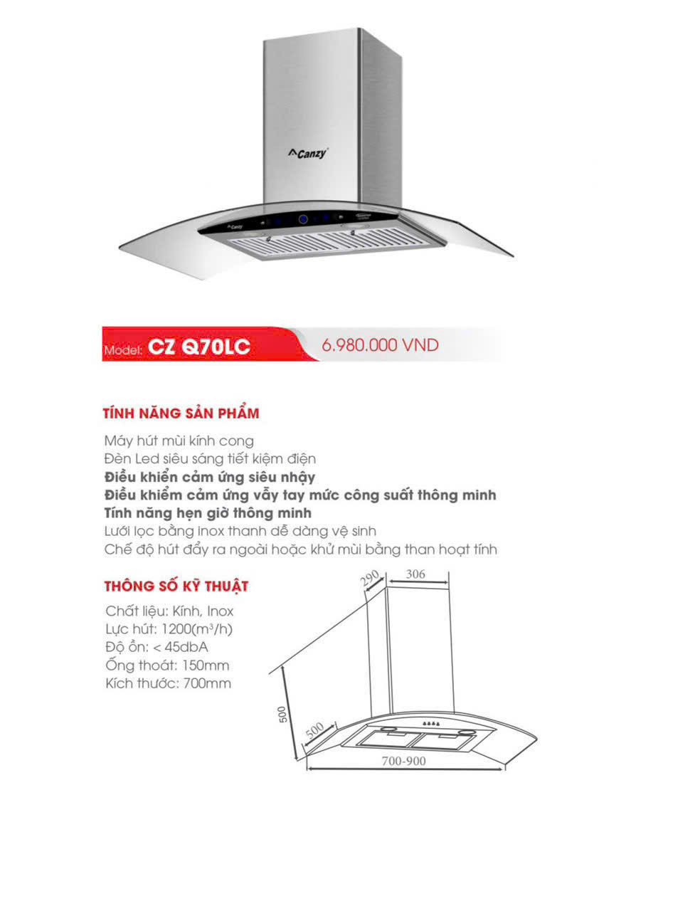 Máy hút mùi Canzy Q70LC | Cảm ứng vẫy tay | Bảo hành chính hãng 2 năm