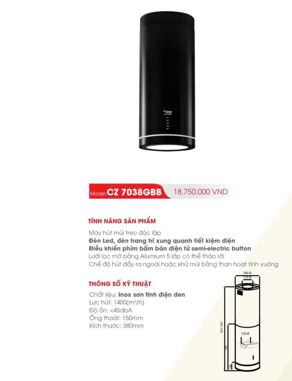 Máy hút mùi độc lập Canzy CZ 7038GBB | Máy hút mùi đảo | Bảo hành chính hãng 2 năm