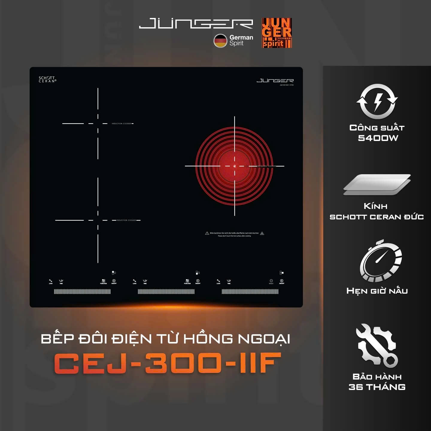 Bếp từ hồng ngoại 3 vùng nấu Junger CEJ-300-IIF