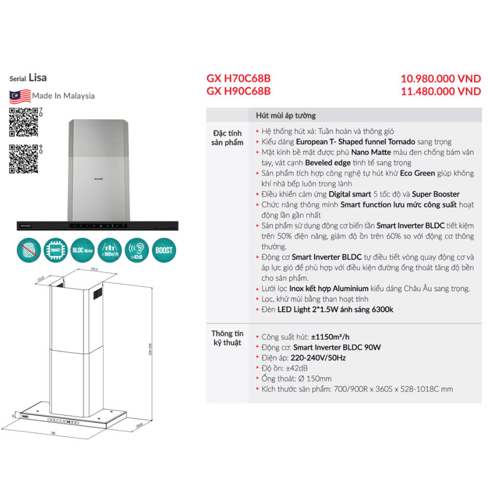 Máy Hút Mùi GrandX GX H70C68B