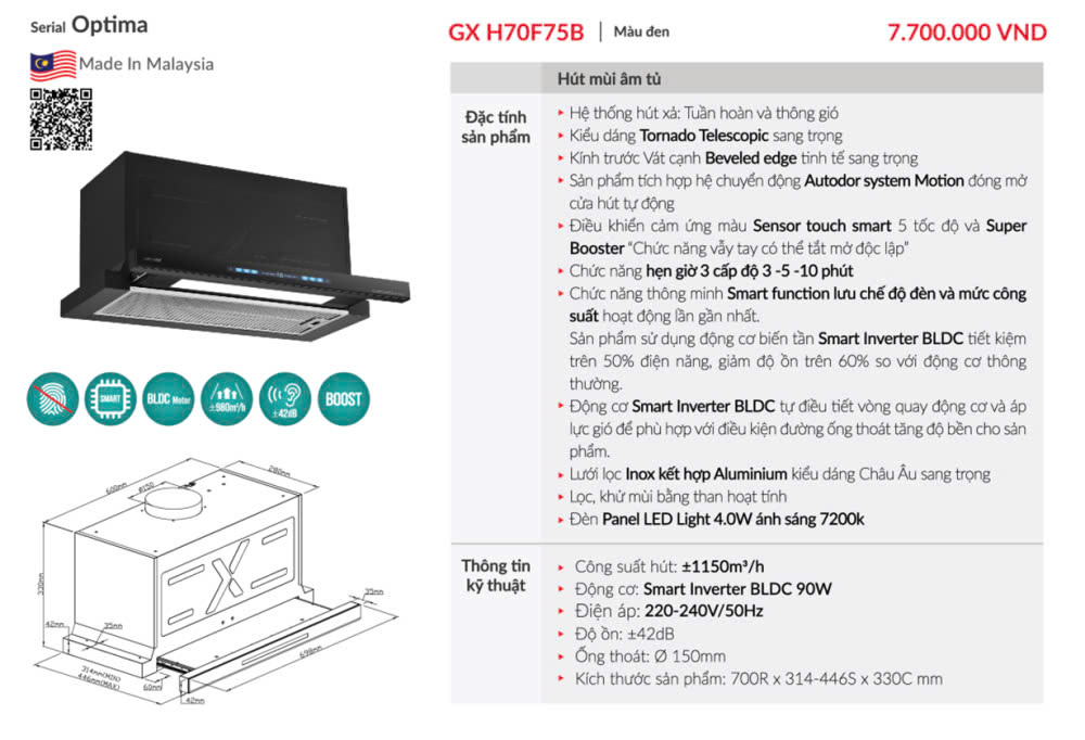 Máy Hút Mùi GRANDX GX H70F75B