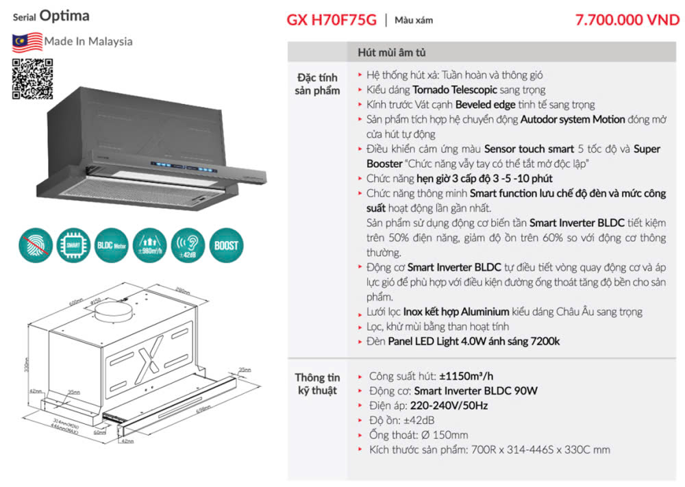 Máy Hút Mùi GRANDX GX H70F75G