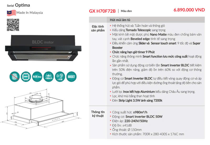 Máy Hút Mùi GRANDX GX H70F72B